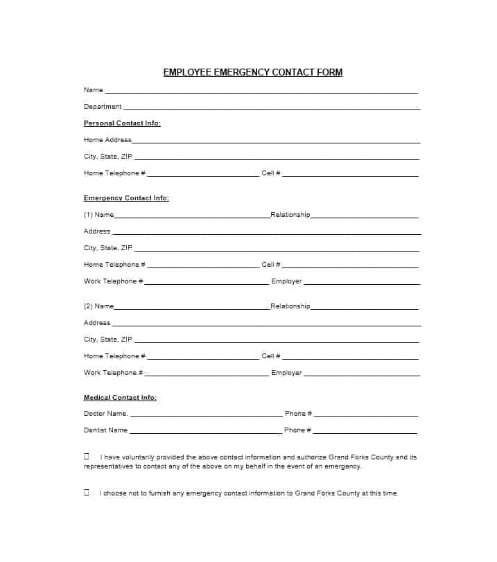 Printable Downloadable Emergency Contact Form Printable Forms Free Online
